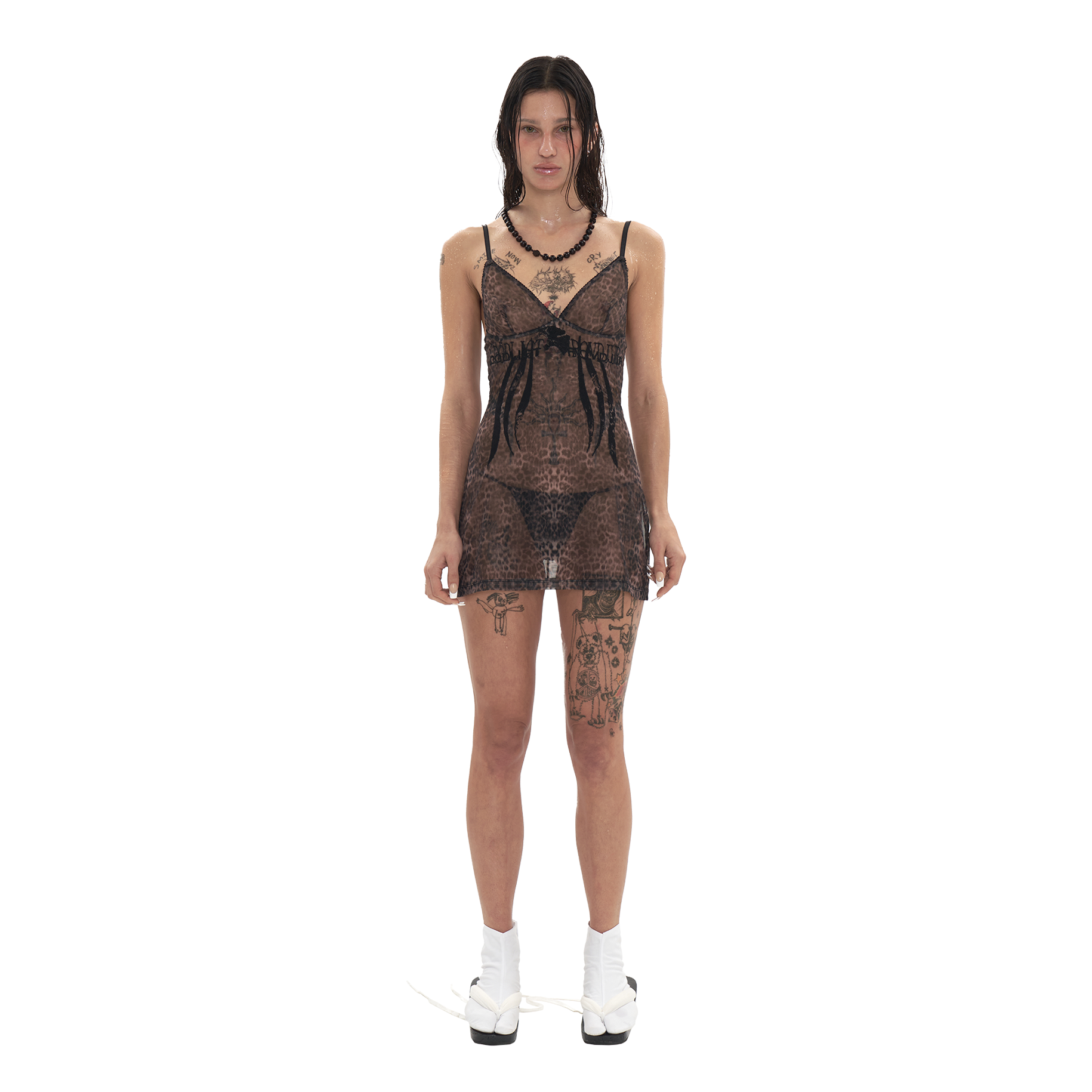【604SERVICE】24ss LEOPARD MESH SLIP DRESS Leopard Mesh Slip Dress – L'Oeuvre