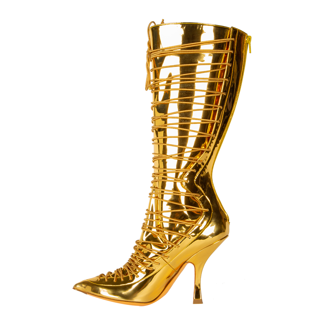 Y PROJECT Lace Up Knee High Boot in Gold L Oeuvre
